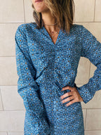 Blue Gathered Print Dress Poplin