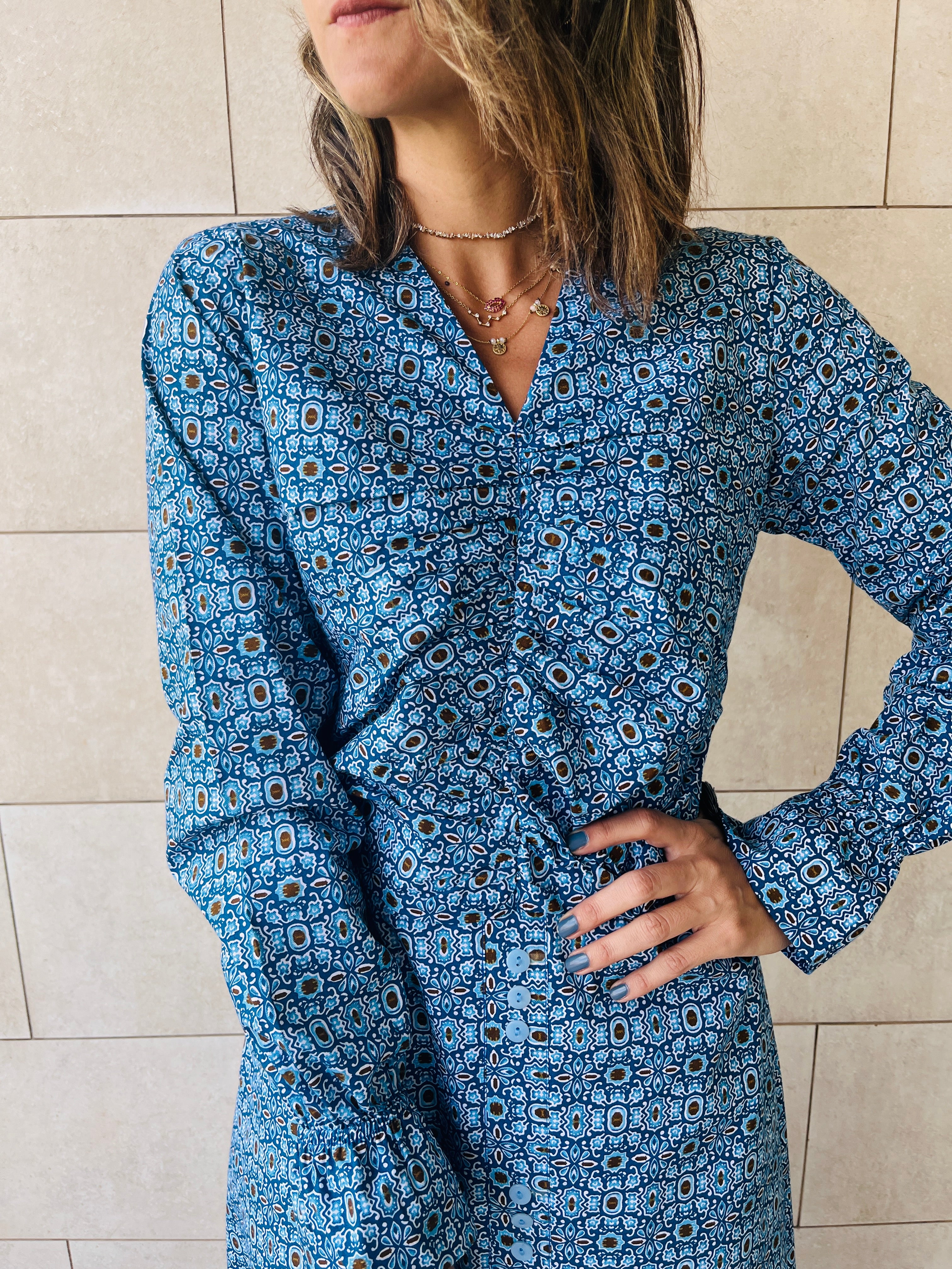 Blue Gathered Print Dress Poplin