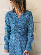Blue Gathered Print Dress Poplin