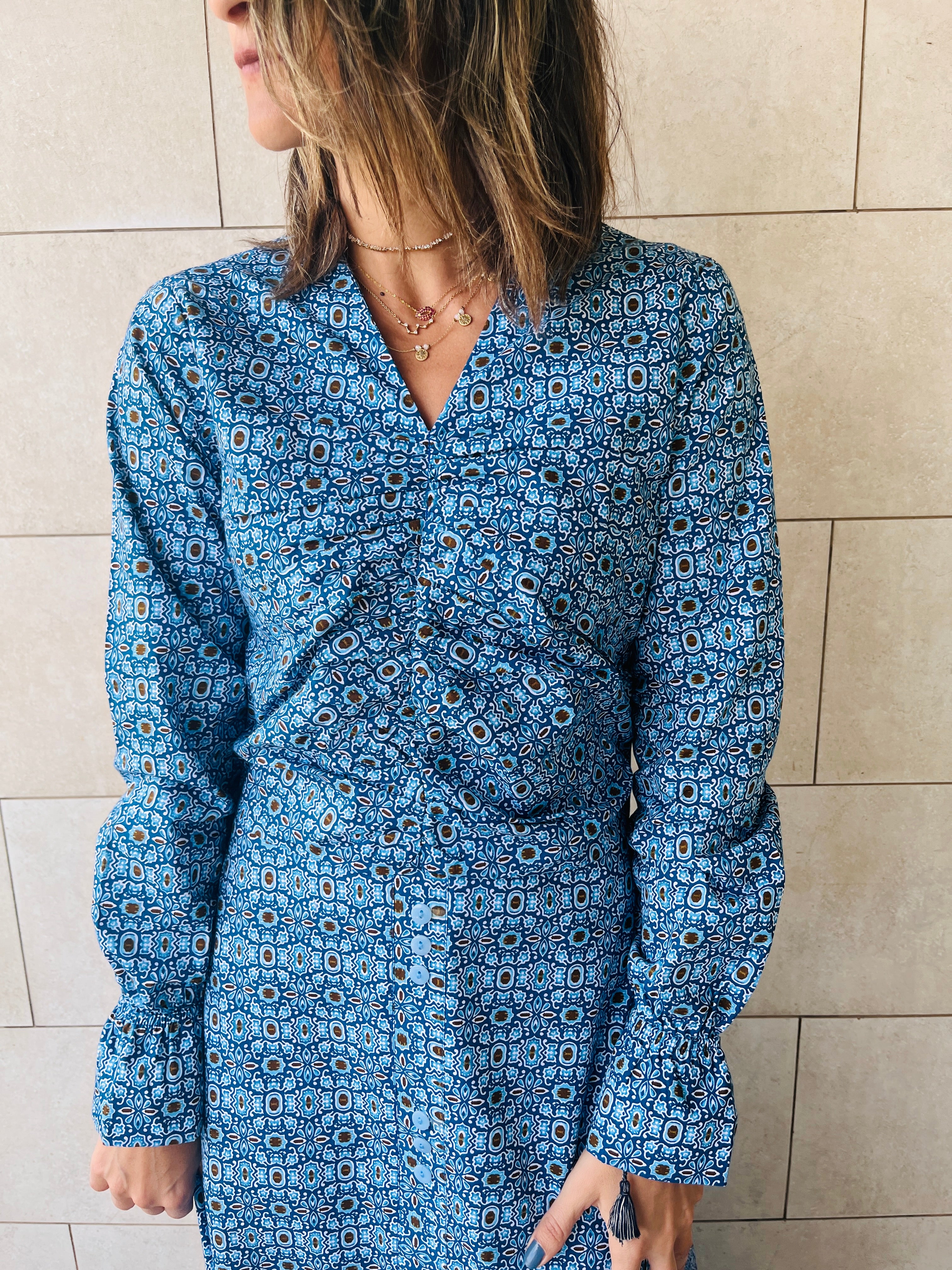 Blue Gathered Print Dress Poplin