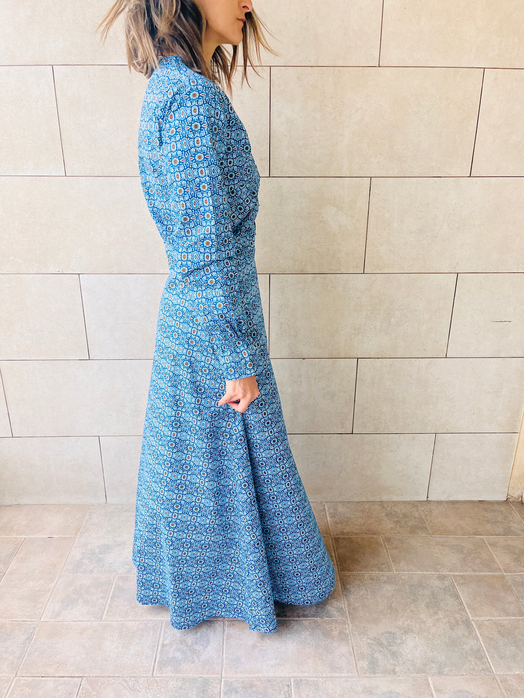 Blue Gathered Print Dress Poplin