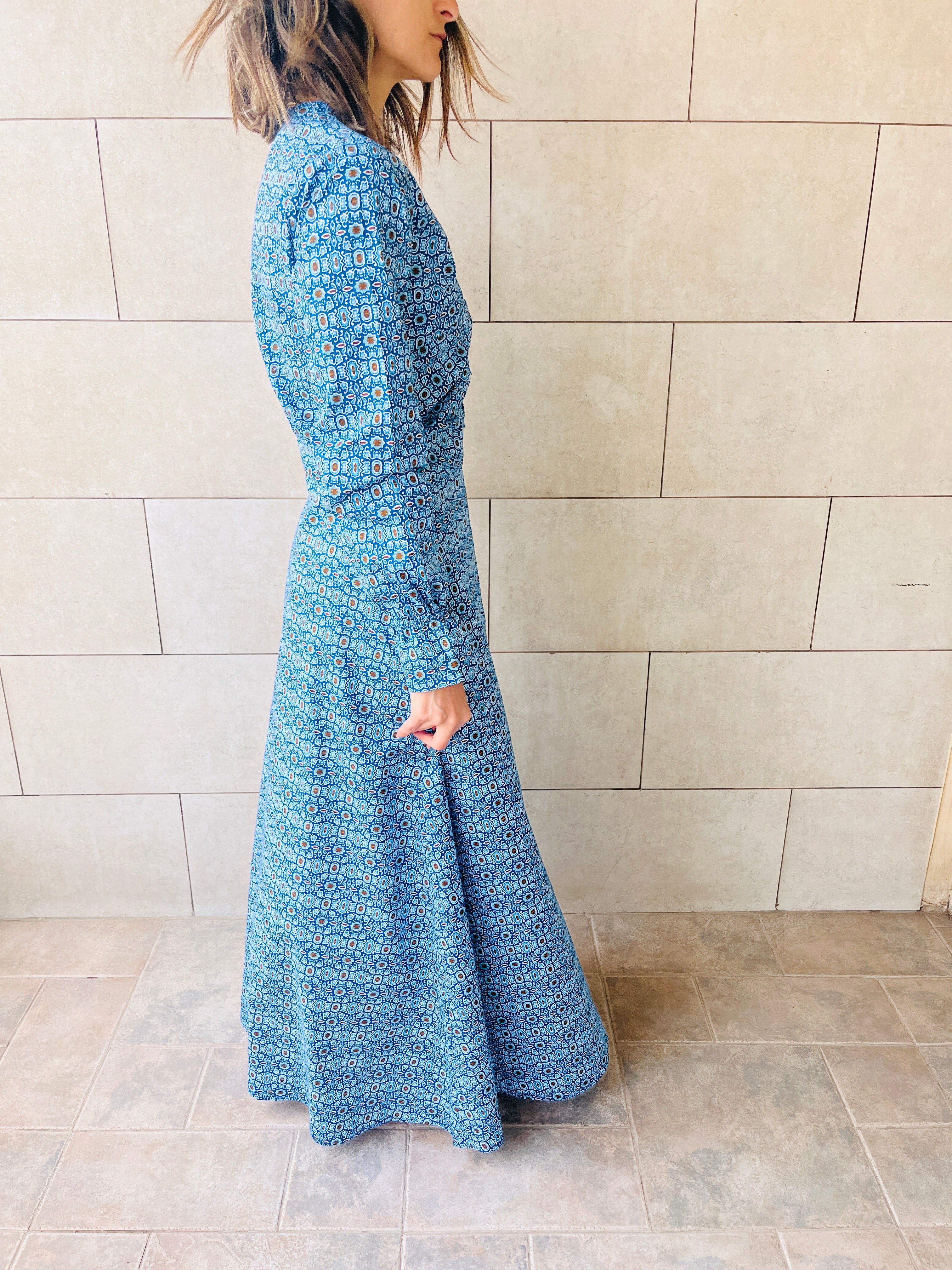 Blue Gathered Print Dress Poplin