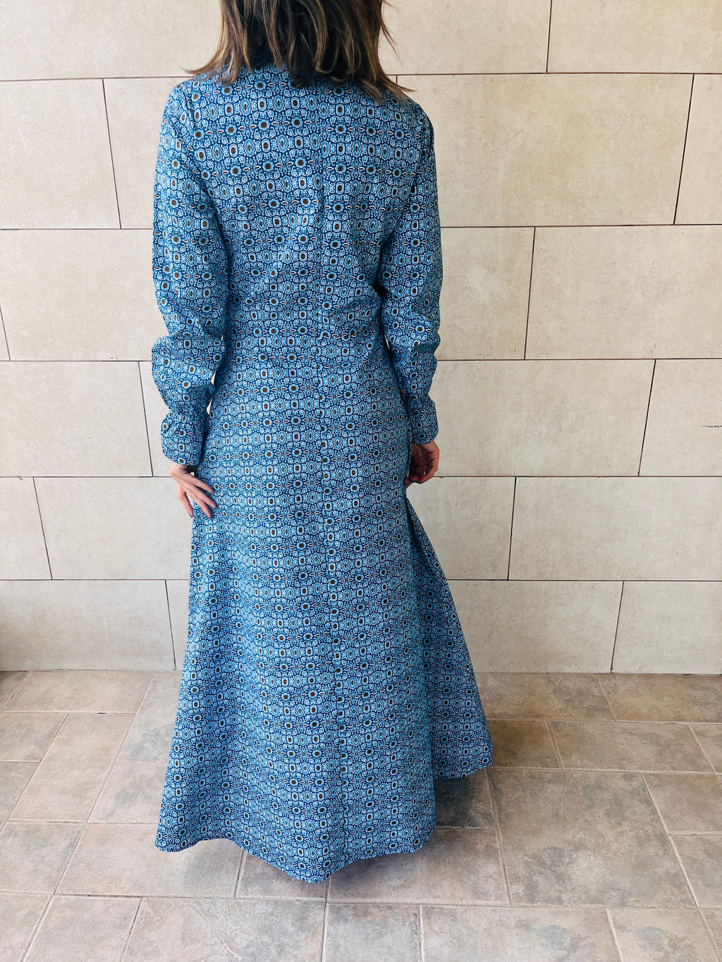 Blue Gathered Print Dress Poplin