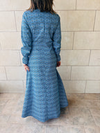 Blue Gathered Print Dress Poplin