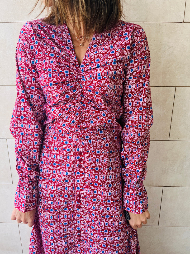 Red Gathered Print Dress Poplin