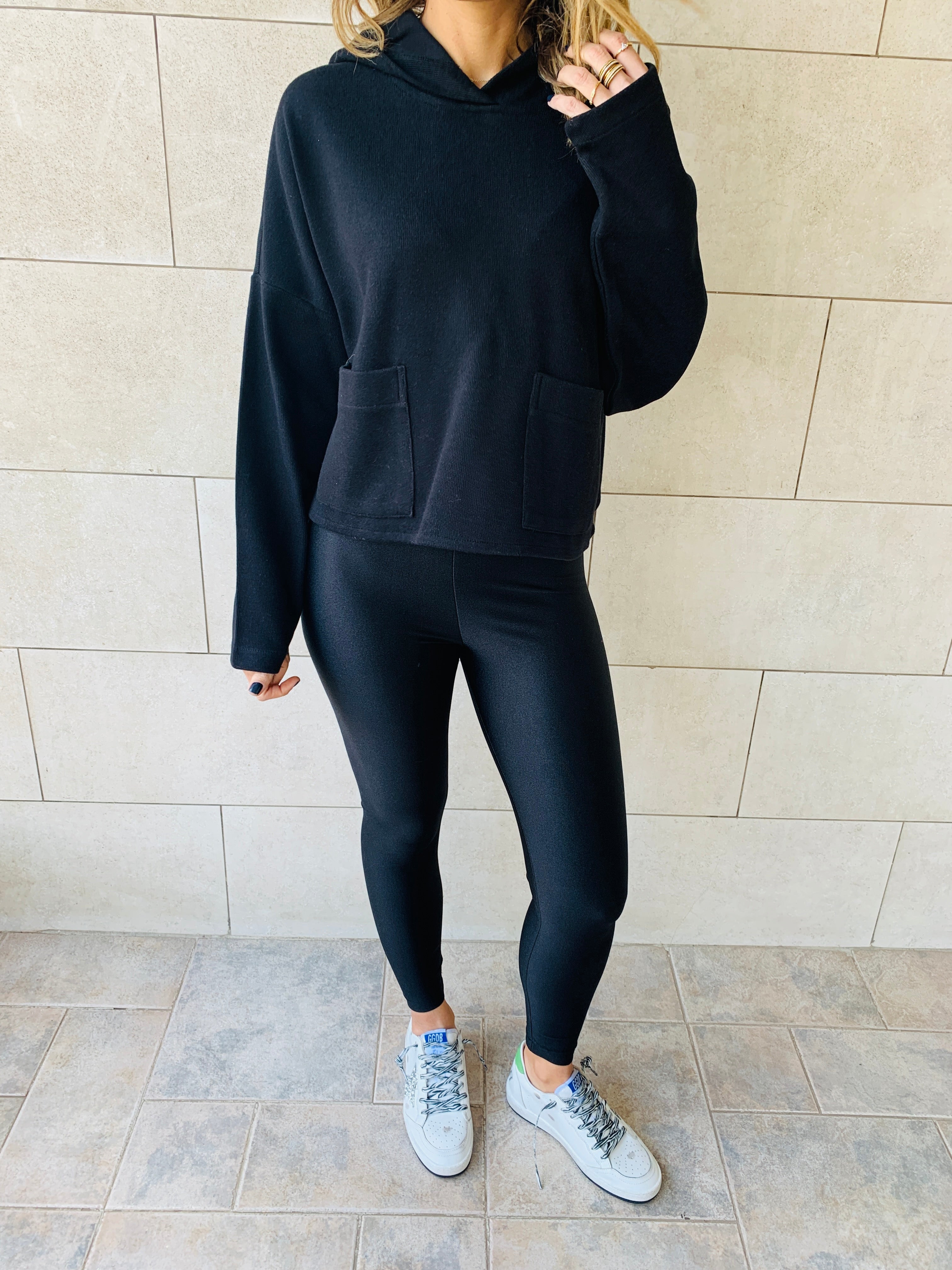 Black Cropped Downtown Knit Hoodie
