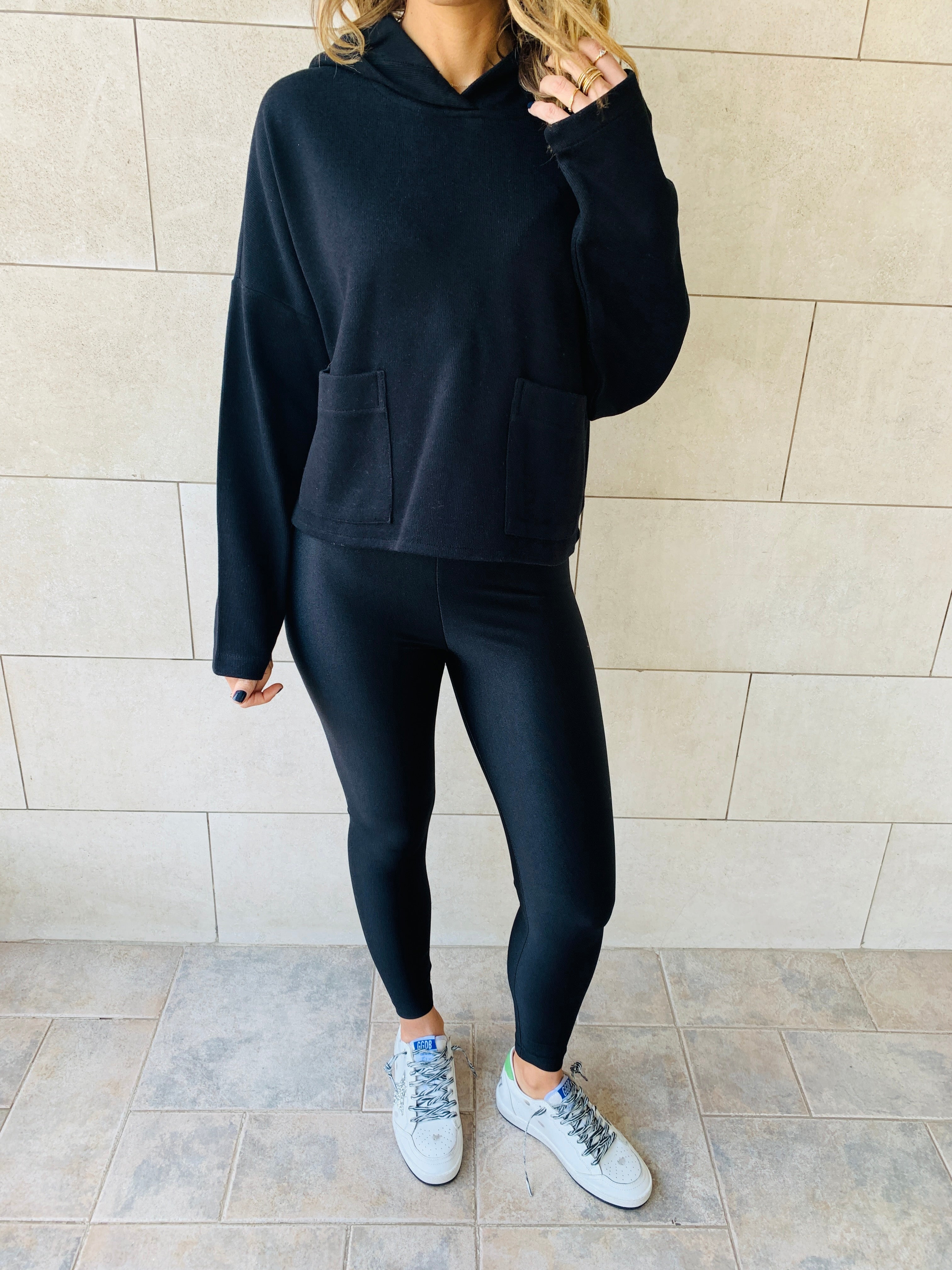 Black Cropped Downtown Knit Hoodie