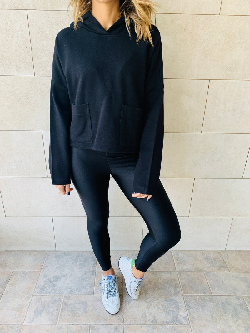 Black Cropped Downtown Knit Hoodie