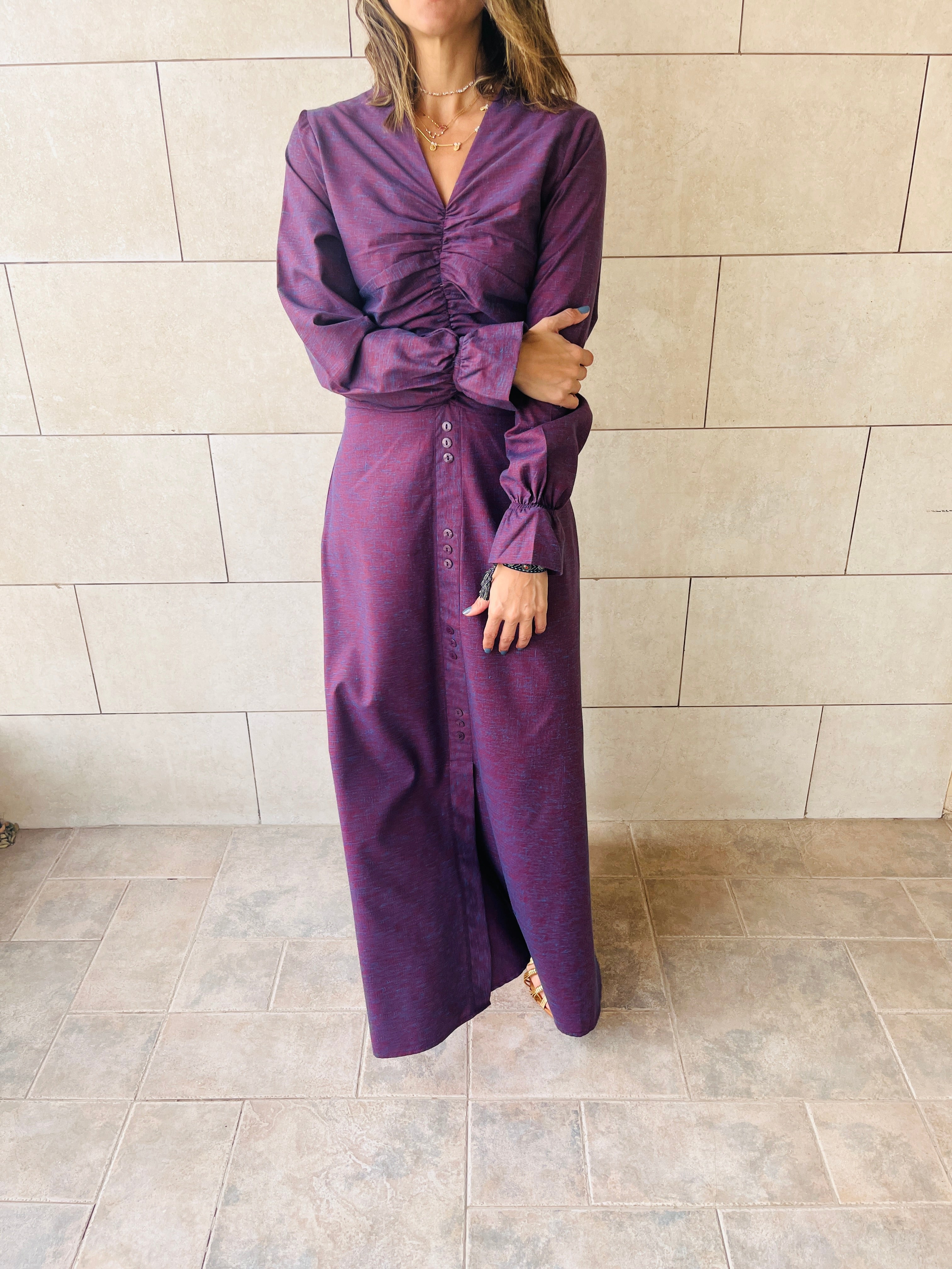 Purple Gathered Print Linen Dress