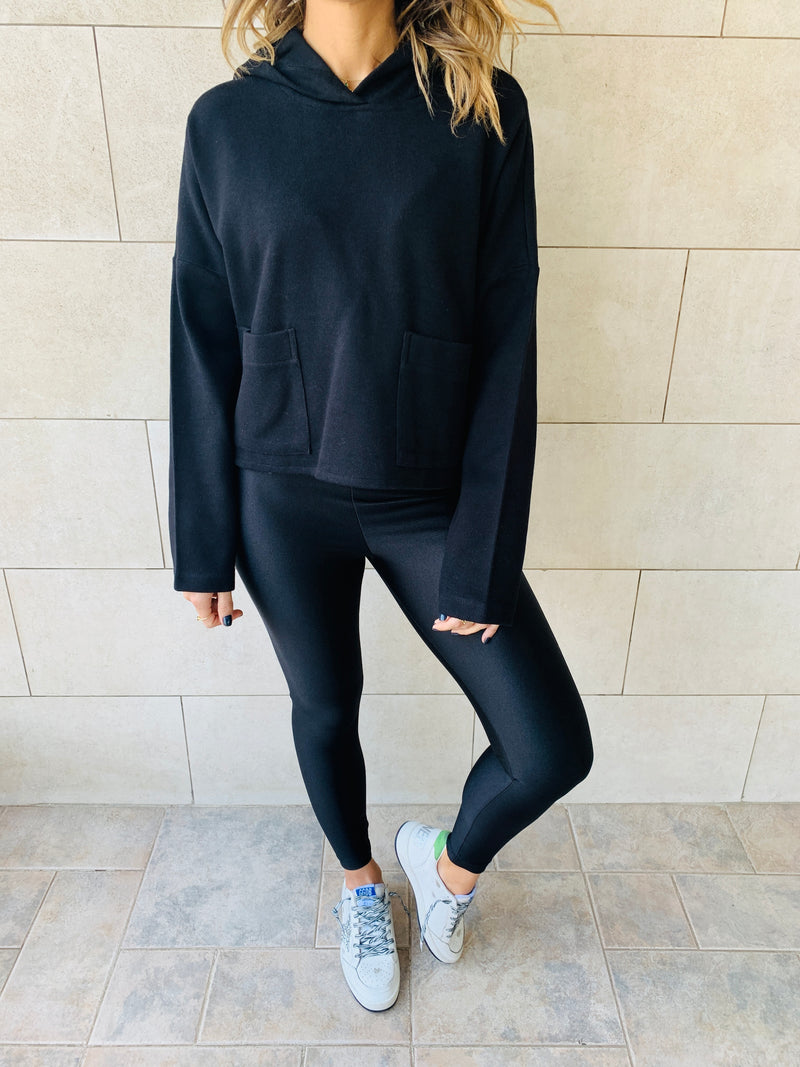 Black Cropped Downtown Knit Hoodie