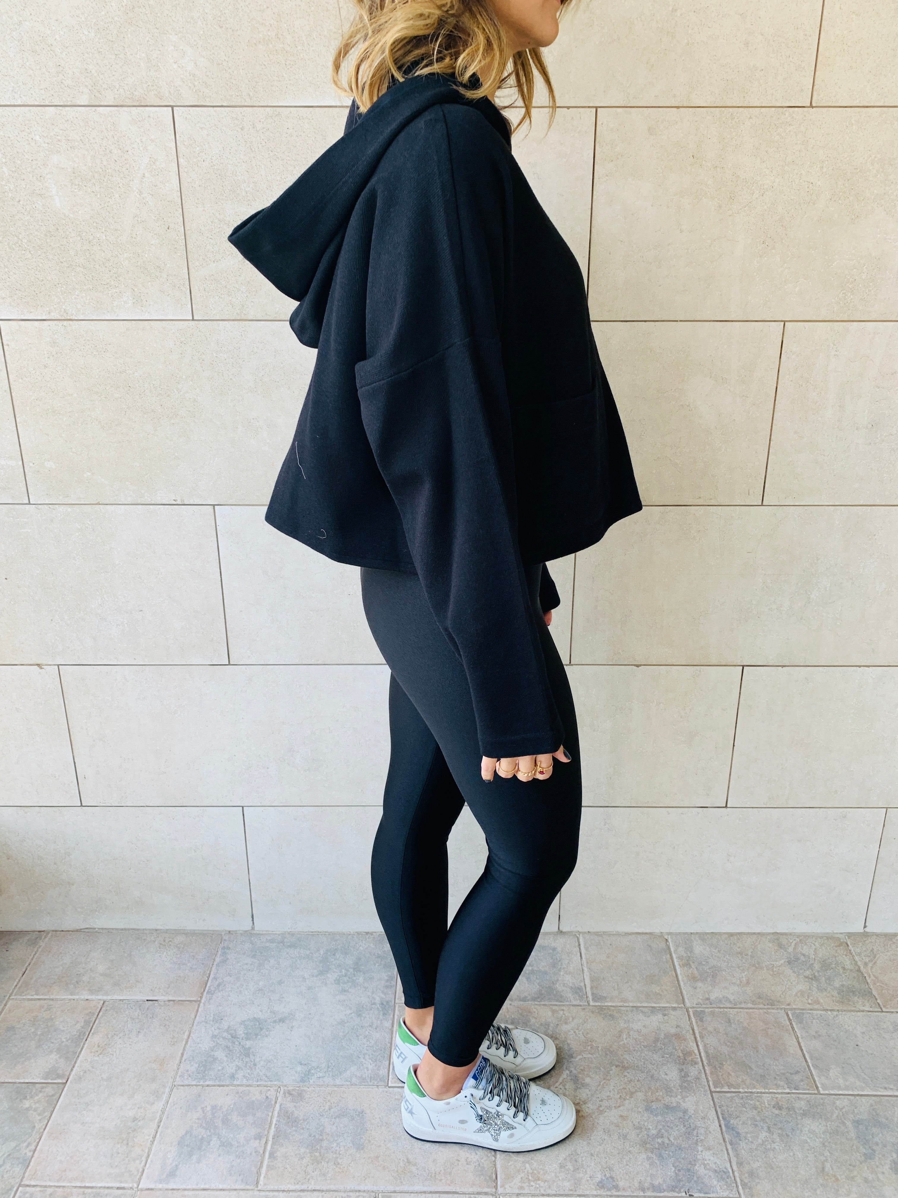 Black Cropped Downtown Knit Hoodie