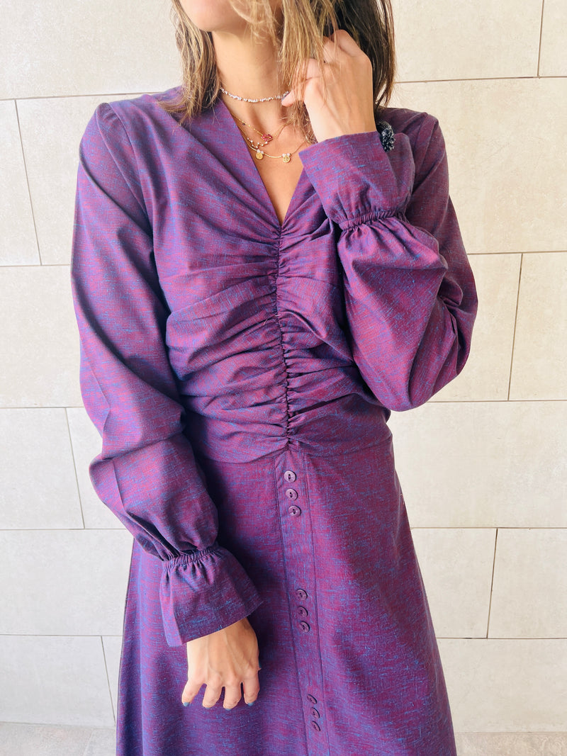 Purple Gathered Print Linen Dress