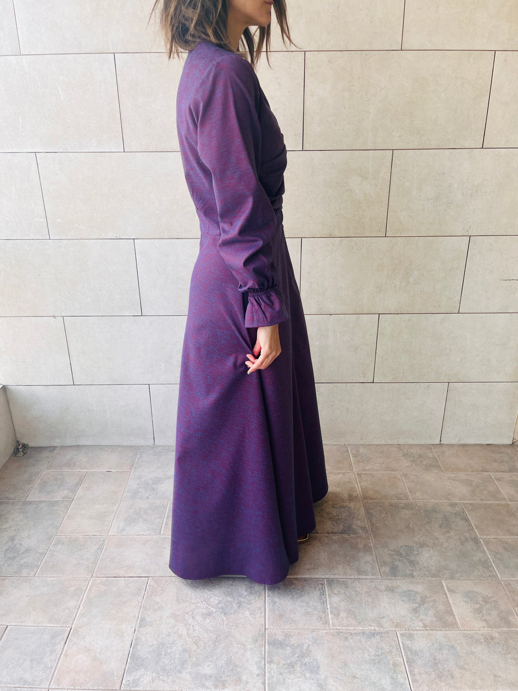 Purple Gathered Print Linen Dress