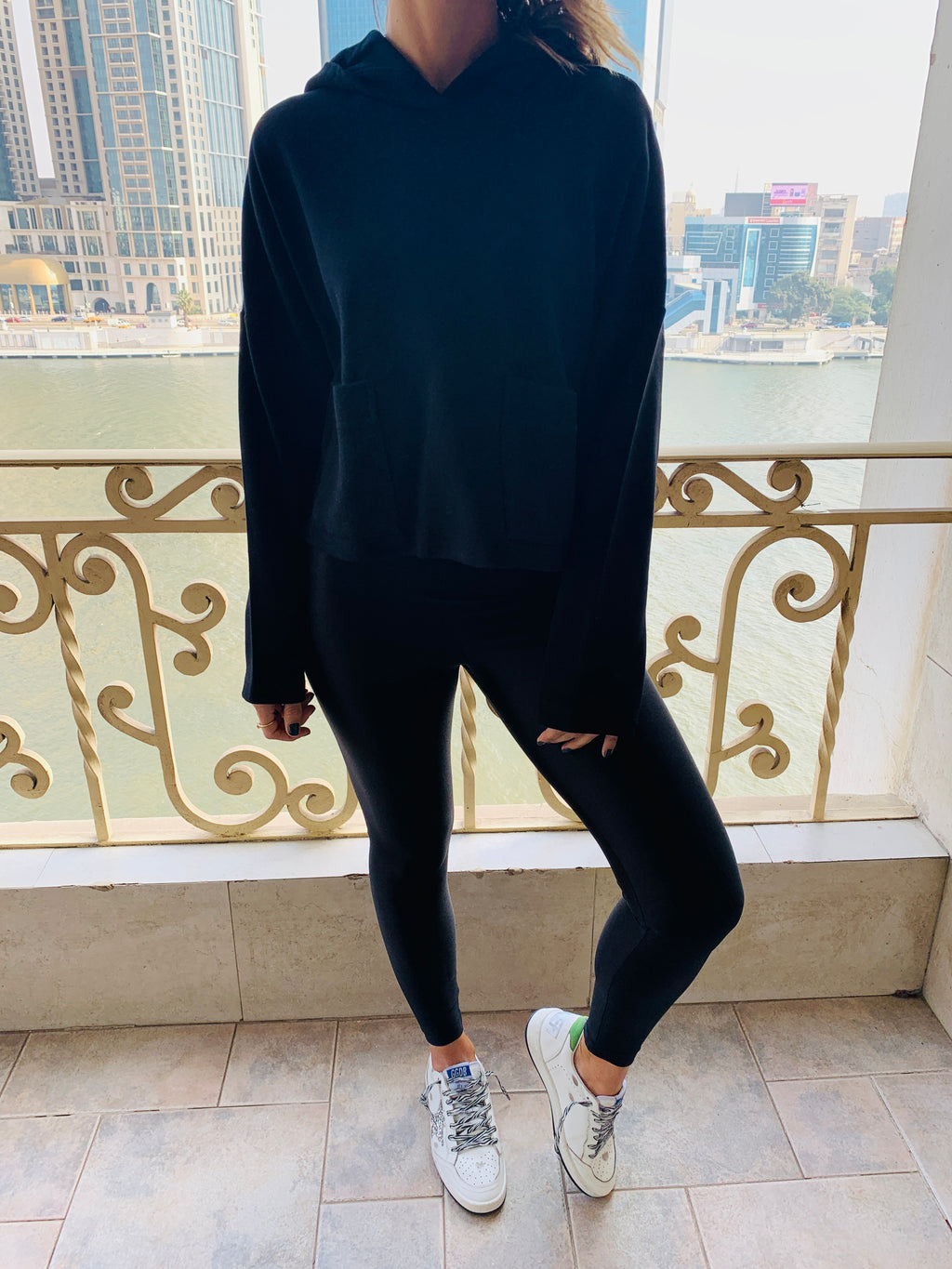 Black Cropped Downtown Knit Hoodie