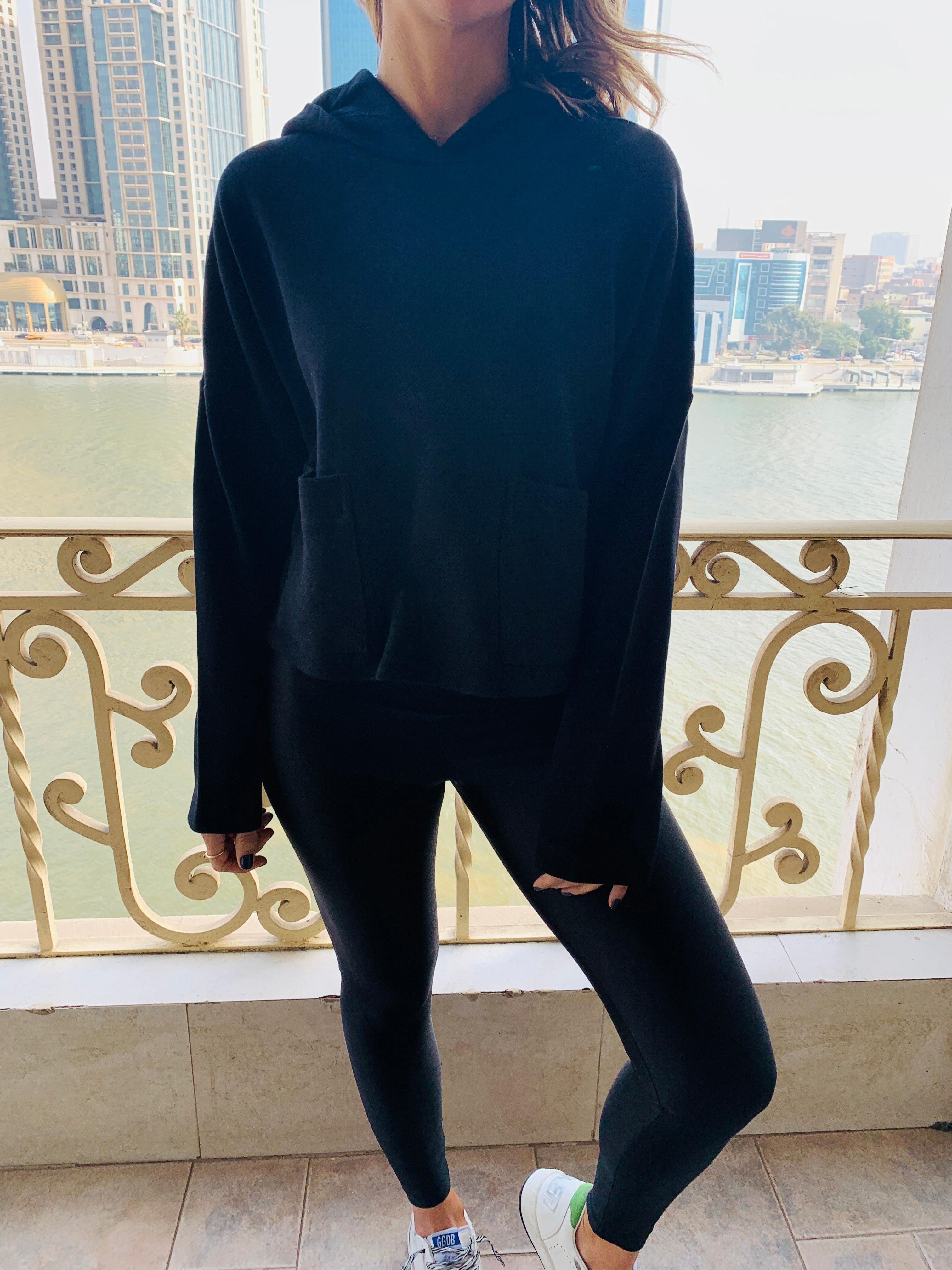 Black Cropped Downtown Knit Hoodie