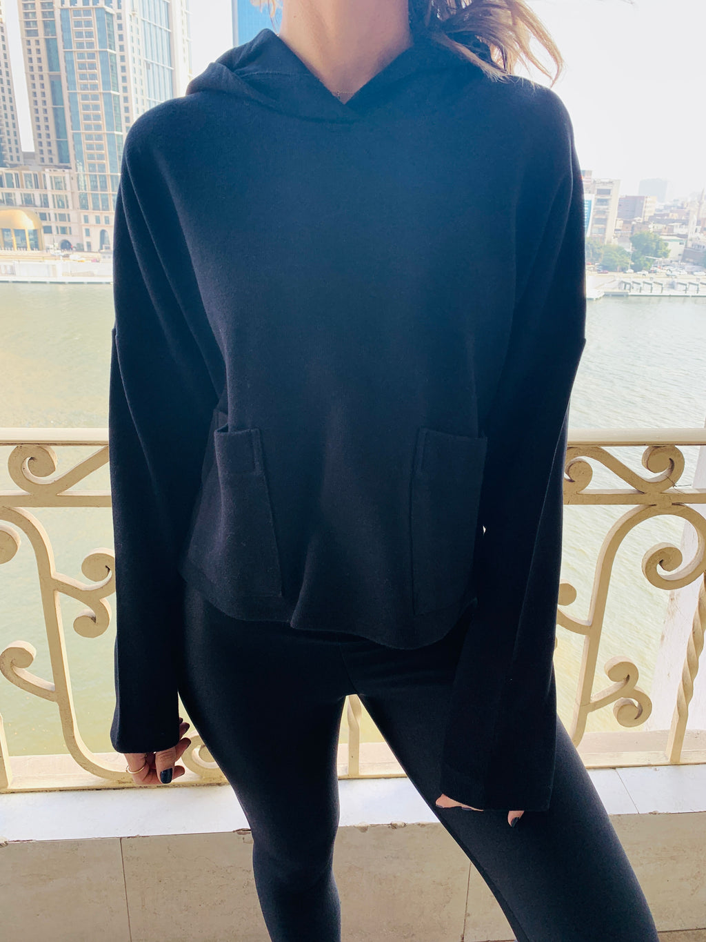 Black Cropped Downtown Knit Hoodie