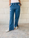 Blue Elastic Waist Split Hem Jeans