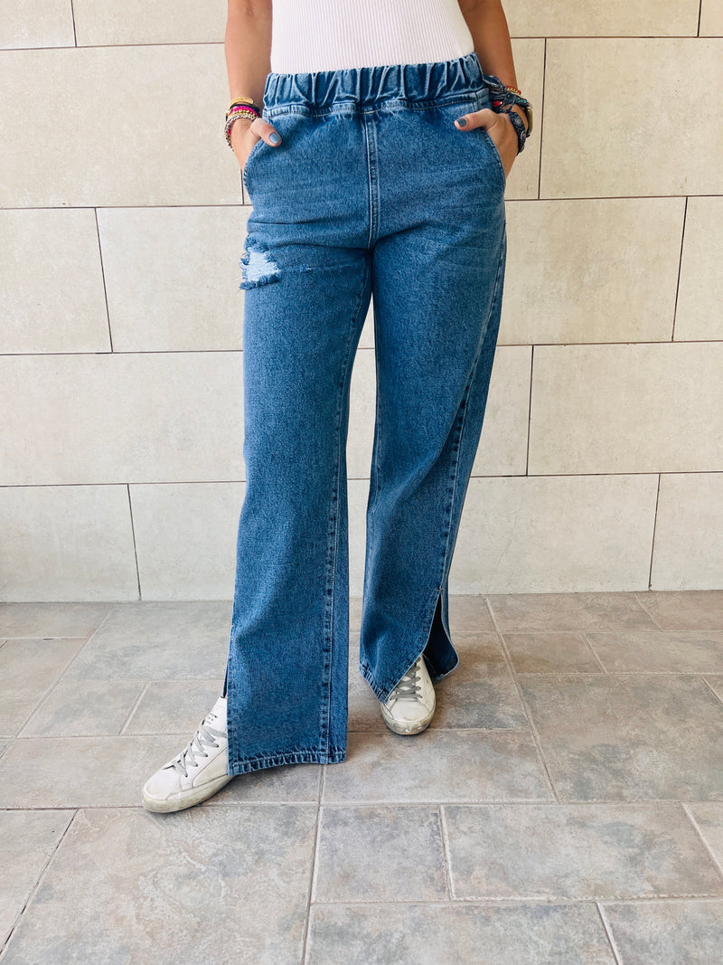 Blue Elastic Waist Split Hem Jeans