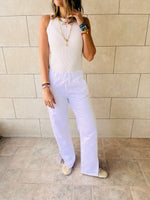 white Elastic Waist Split Hem Jeans