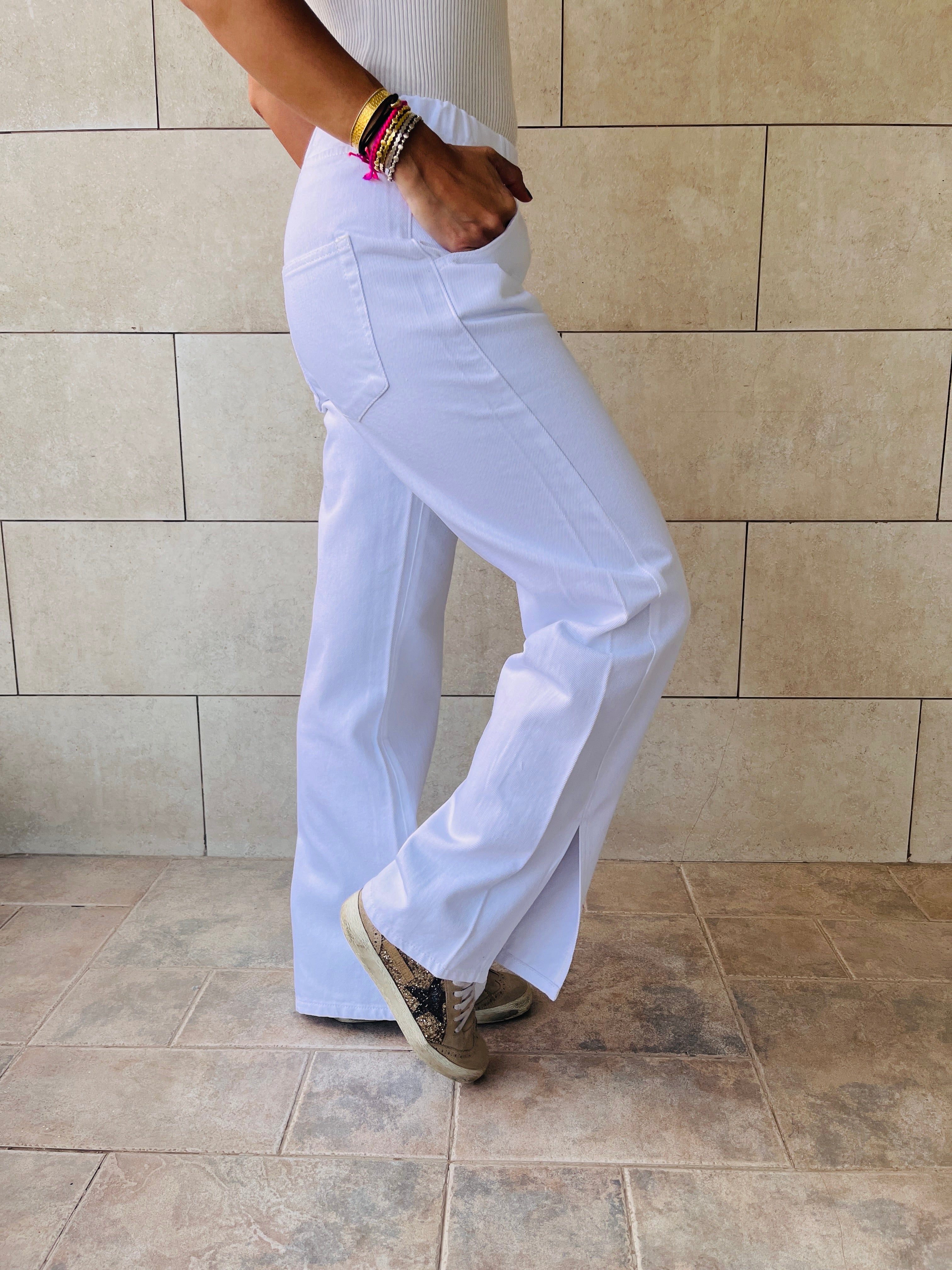 white Elastic Waist Split Hem Jeans