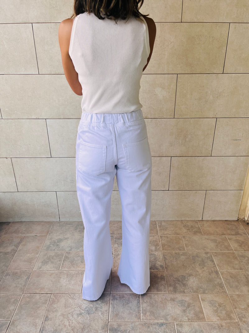 white Elastic Waist Split Hem Jeans