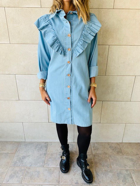 Light Blue Ruffle Denim Shirt