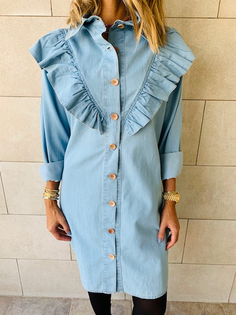 Light Blue Ruffle Denim Shirt