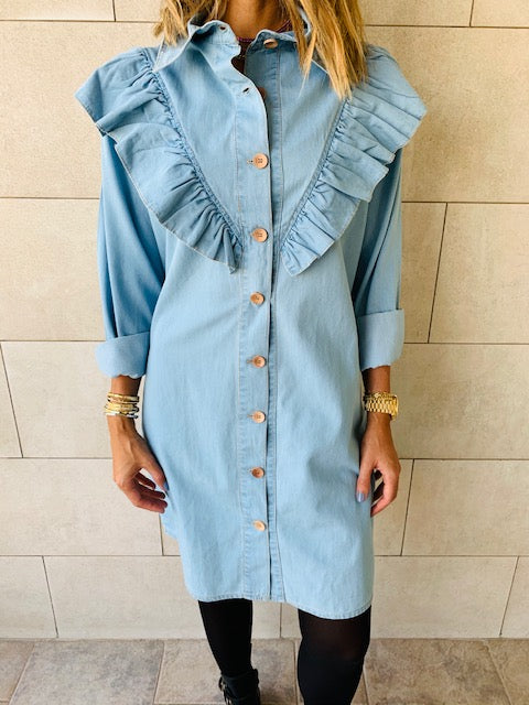 Light Blue Ruffle Denim Shirt