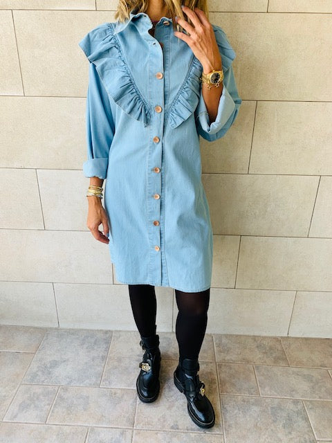 Light Blue Ruffle Denim Shirt