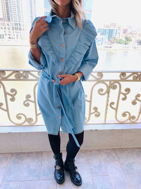 Light Blue Ruffle Denim Shirt