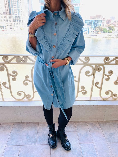 Light Blue Ruffle Denim Shirt