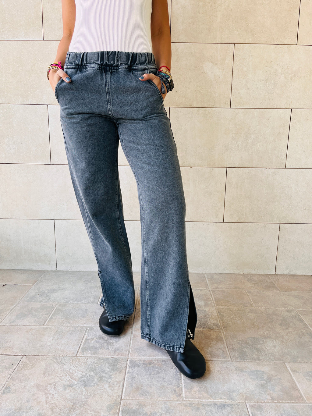 Grey Elastic Waist Split Hem Jeans