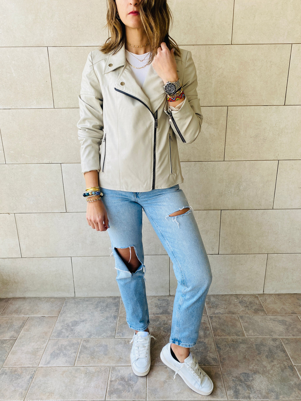 Beige Leather Biker Jacket