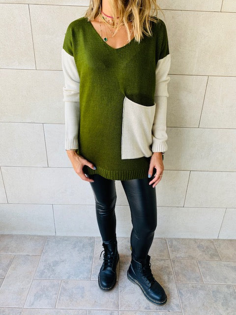 Olive Beige Pocket Sweater