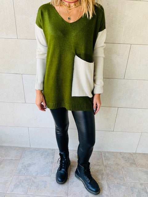 Olive Beige Pocket Sweater
