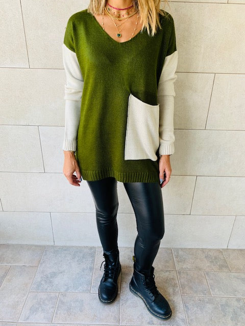 Olive Beige Pocket Sweater