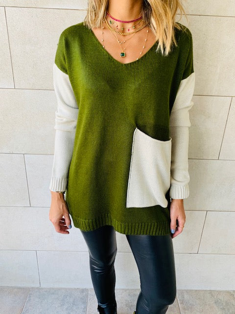 Olive Beige Pocket Sweater
