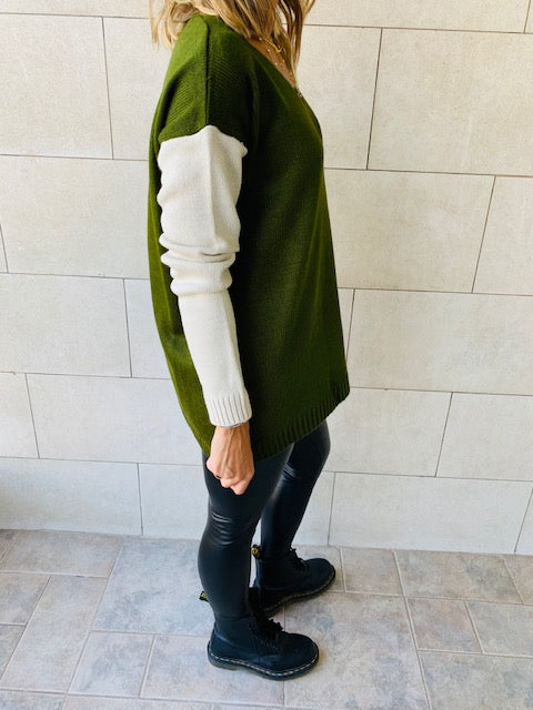 Olive Beige Pocket Sweater