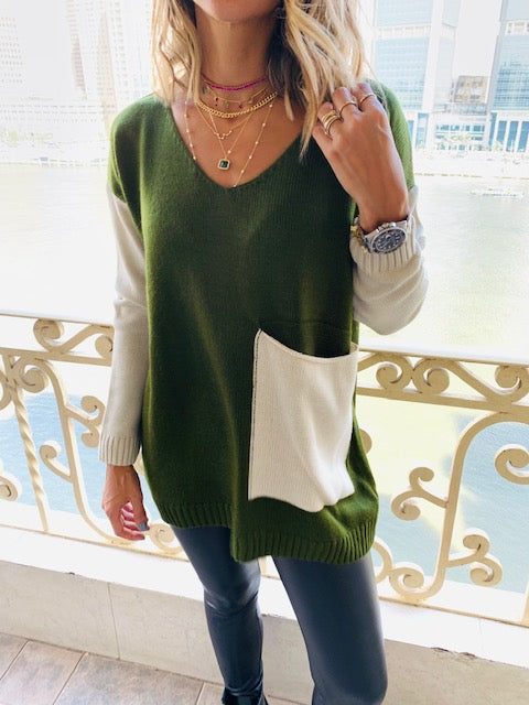 Olive Beige Pocket Sweater