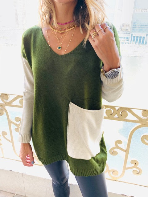 Olive Beige Pocket Sweater