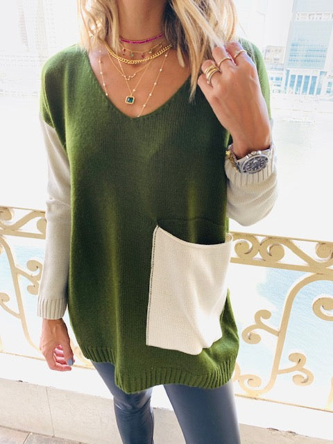 Olive Beige Pocket Sweater