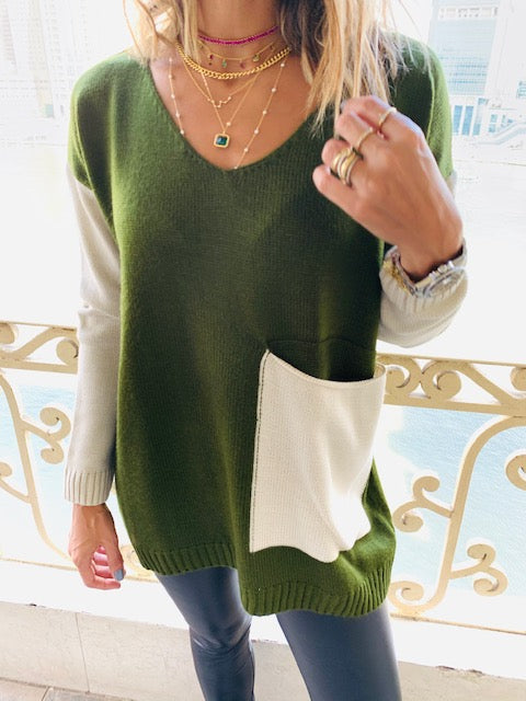 Olive Beige Pocket Sweater