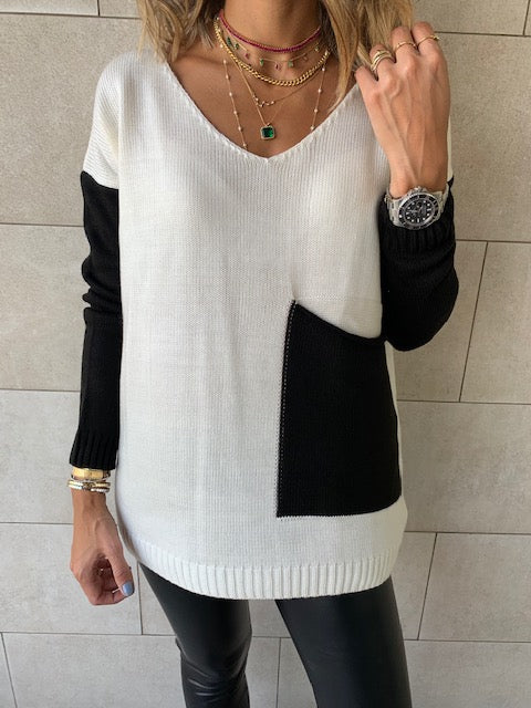 Ivory Black Pocket Sweater