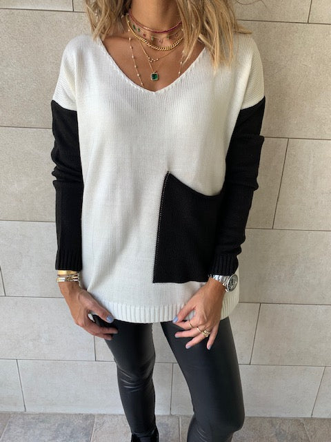 Ivory Black Pocket Sweater