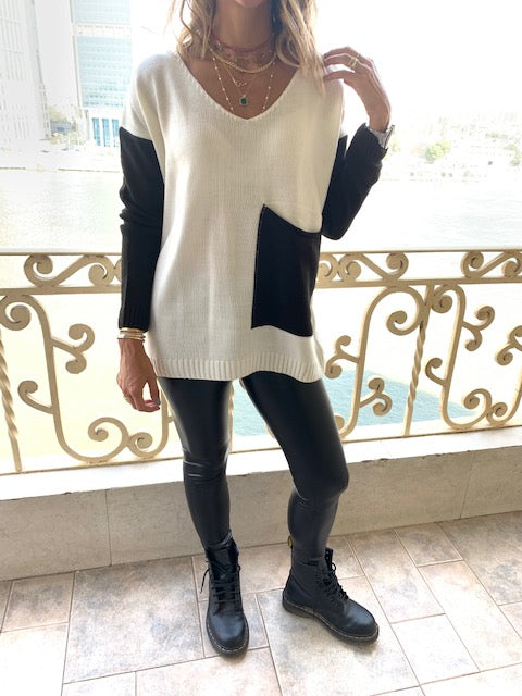 Ivory Black Pocket Sweater