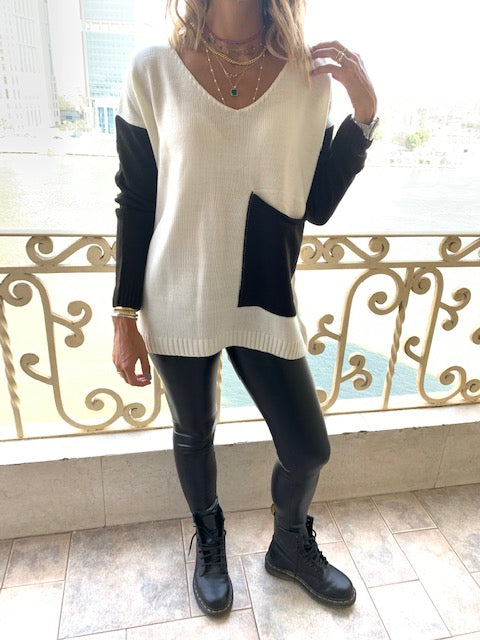 Ivory Black Pocket Sweater