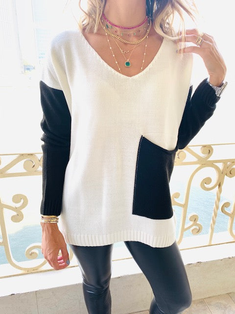 Ivory Black Pocket Sweater