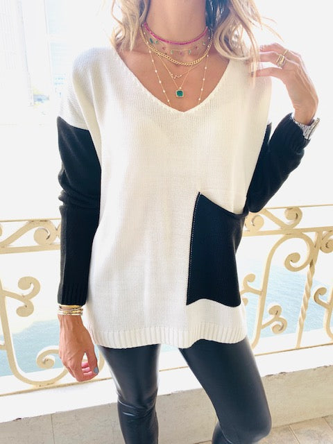 Ivory Black Pocket Sweater