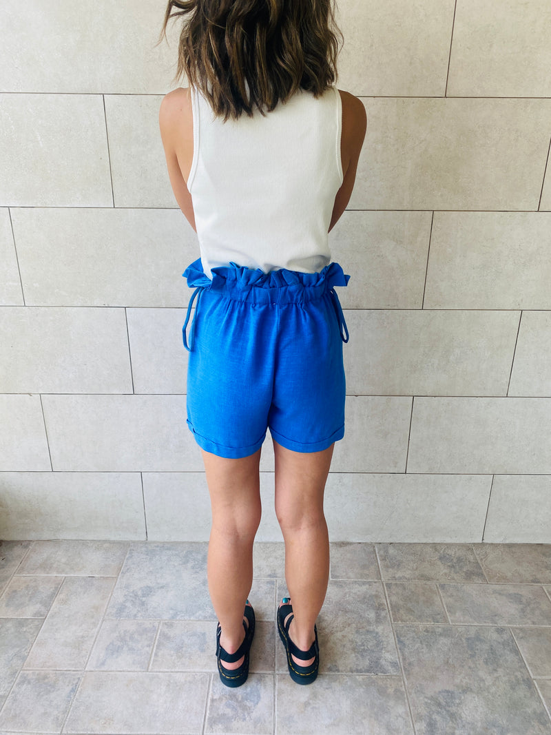 Blue Paperbag Linen Shorts