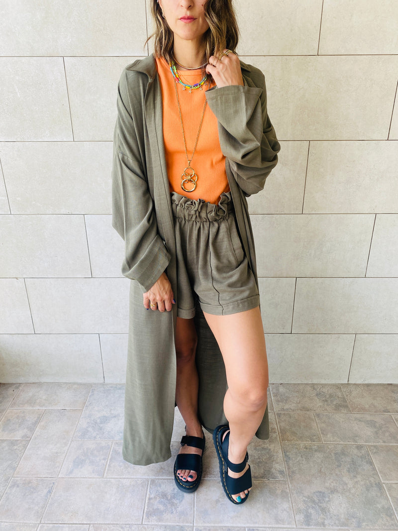 Olive Paperbag Linen Shorts